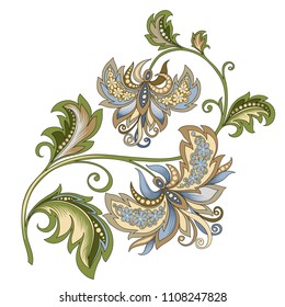 vector clipart decorative vintage gold and blue flower with oriental style on a white background, beautiful pastel vintage colored illustration of a branch of flowers in baroque style