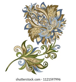 vector clipart decorative vintage gold and blue flower with oriental style on a white background, beautiful pastel vintage colored illustration of a branch of flowers in baroque style