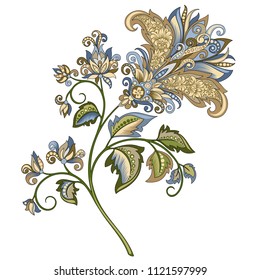 vector clipart decorative vintage gold and blue flower with oriental style on a white background, beautiful pastel vintage colored illustration of a branch of flowers in baroque style