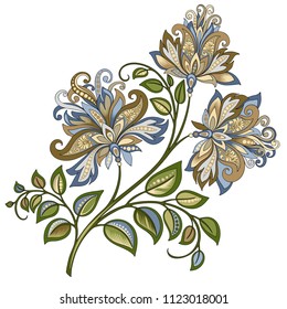 vector clipart decorative vintage gold and blue flower with oriental style on a white background, beautiful pastel vintage colored illustration of a branch of flowers in baroque style