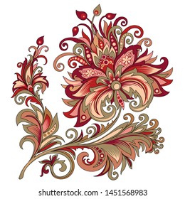 vector clipart decorative vintage gold and red flower with indian style on a white background, beautiful vintage colored illustration of a branch of flowers in baroque style
