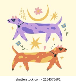 Vector clipart dog dachshund sticker. Dogs breed. EPS and JPG illustration. Funky doodle trendy print, colorful handdrawn childish cartoon art. Groovy fauve abstract collage decor elements in authors