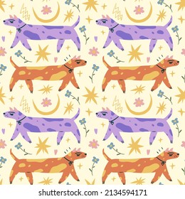 Vector clipart dog seamless pattern. Dogs breed. EPS and JPG illustration. Funky doodle trendy print, colorful handdrawn childish cartoon art. Groovy fauve abstract collage decor elements in authors