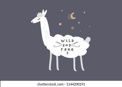 Vector clipart, editable isolated details. Cute llama cartoon funny art, baby stylish Illustration, unique print for posters, cards, mugs, clothes, childs goods and other.