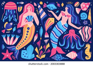 Vector clipart. Fabulous underwater world. Colorful marine life. Cute hand-drawn mermaids, fish, shells, octopus, jellyfish, seahorse. It can be used for baby clothes, stickers, T-shirts, swimwear