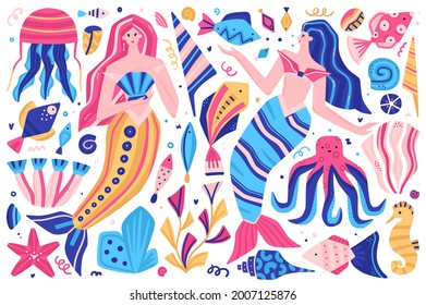 Vector clipart. Fabulous underwater world. Colorful marine life. Cute hand-drawn mermaids, fish, shells, octopus, jellyfish, seahorse. It can be used for baby clothes, stickers, T-shirts, swimwear
