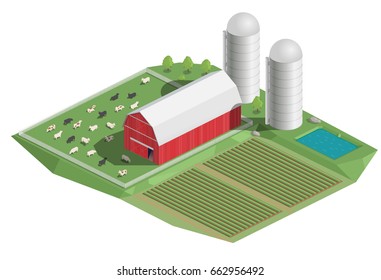 Vector clipart Farm. Country house, Barn, Village. Isometry, 3D. Pasture, cows.