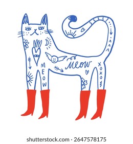 Vector clip-art fashion tattooed cat in red color boots sticker. EPS and JPG illustration. Funky kitten doodle trendy print, colorful hand drawn childish cartoon positive vibe art. Groovy kids girlish