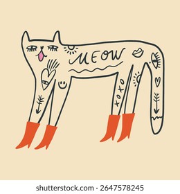 Vector clip-art fashion tattooed cat in red color boots sticker. EPS and JPG illustration. Funky kitten doodle trendy print, colorful hand drawn childish cartoon positive vibe art. Groovy kids girlish