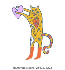 Vetor clipart moda tatuado gengibre laranja pele cor gato na cor vermelha botas adesivo. Ilustração de EPS e JPG. Gatinho funky doodle impressão na moda, colorido desenho à mão desenhos infantis vibração positiva