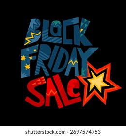 Clipart de Vector con letras juguetonas y decorativas de Black Friday Sale con estrellas y patrones festivos. Aislado sobre fondo negro