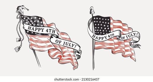 Vector clipart flags and ribbons   authentic lettering  Illustration US history   4th July celebration in engraving style  Perfect for independence day cards  invitations  banners 