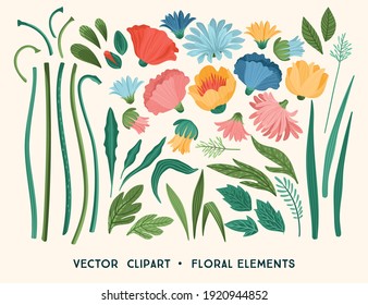 Vector clipart. Floral design elements. Leaves, flowers, grass, branches, berries. Vector illustration.