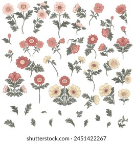 Clipart de Vector con flores sobre fondo blanco aislado en estilo William Morris