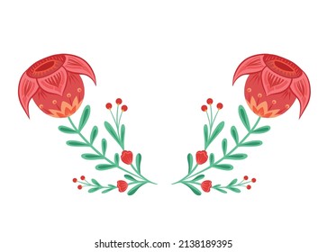 Vector clipart frame with red flowers on stems with folk arts isolated from background. Template with floral arrangement with naive ornaments. Natural border with tulips and berries for card