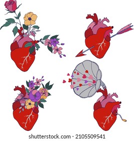 Valentine’s vector clipart. Freaky love illustrations. Valentines temporary tattoo and stickers. Anatomical bloody hearts.