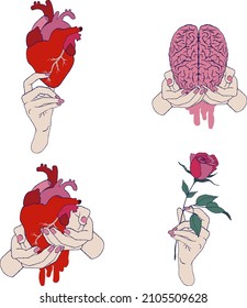 Valentine’s vector clipart. Freaky love illustrations. Valentines temporary tattoo and stickers. Anatomical bloody hearts, brains and rose flower.