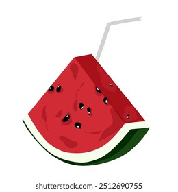 vector clipart of fresh red watermelon slices with a straw in isolation on a white background