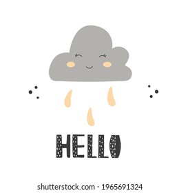 Vector clipart with funny character cloud and lettering in Scandinavian style print design isolated on white background