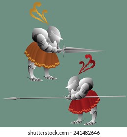 vector clipart. Funny knight in armor with a spear and sword.