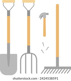 Vector clipart with gardening tools. Shovel, pitchfork, rake, hummer and nails