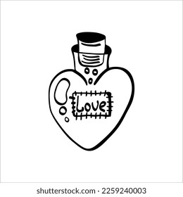 Vector clipart of a glass jar in the form of a heart. Doodle style. With the inscription love. On a white background. 