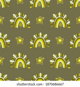 Vector clipart of green shades with arcs of yellow and crevice colors. Star arc seamless pattern.