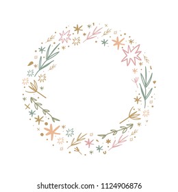 Vector, clipart, hand drawn. Boho frame, text template, floral pattern, stars, pastel flowers. Print for cards, posters, t-shirts and other. Isolated objects.