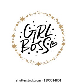 Vector, clipart. Handwritten style font, text pastel colors card, poster, t-shirt lettering print. Golden stars frame or wreath, girl power theme