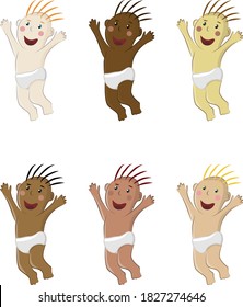 Vector clipart de un feliz riéndose saltando bebé. Set de niños pequeños desnudos en pañales con diferentes colores de piel, ojos y cabello