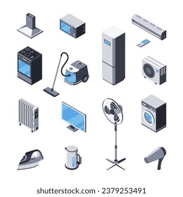 Vector clipart de electrodomésticos, electrónica. Isometric 3D iconos. Cocina con fogones, capilla, microondas, frigorífico, aire acondicionado, aspiradora, calefacción, TV, lavadora, plancha, manta eléctrica, ventilador.