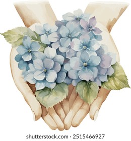 Vector, clipart, hydrangea, flowers in the palms, Bouquet, festive flowers, Watercolor illustration, Greeting cards, invitation, party, baby shower, birthday, event, holiday, wedding card, printable