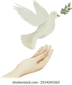Vector, clipart, hydrangea, pigeon in the palms, white pigeon, peace, olive branch, Watercolor illustration, Greeting cards, invitation, party, baby shower, birthday, event, holiday, wedding card.