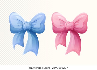 Vector clipart illustration of bows in pink and blue on a light beige background. Perfect for gender celebration designs, baby showers, and festive decorations. Soft and elegant style