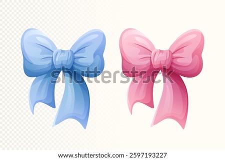Vector clipart illustration of bows in pink and blue on a light beige background. Perfect for gender celebration designs, baby showers, and festive decorations. Soft and elegant style