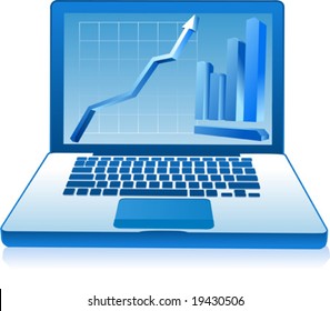 vector clip-art illustration of a financial graph and diagram, projected in the screen of a laptop computer
