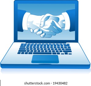 vector clip-art illustration of a handshake closing a deal, projected in the screen of a laptop computer