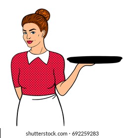 A vector clipart illustration of a pop art waitress carrying a tray