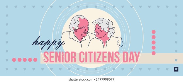 Vector clipart illustration. Senior citizens day greeting card. Light blue background with a frame made of hearts