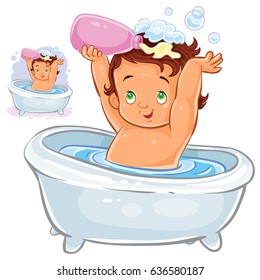 Vector clip-art illustration of a small child sitting in the bathroom and pouring shampoo on his head. Print, template, design element