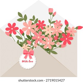 Vector clipart illustration of a square envelope filled with a floral bouquet, green leaves, ribbon bow and a visible with love tag, Valentine’s Day theme