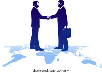 vector clip-art illustration of two business men closing a deal, standing on top of a world map