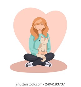 Vector clipart illustration of a volunteer girl with a cat on heart background in flat style. Adoption and rescue of homeless animals. Veterinary medicine and assistance