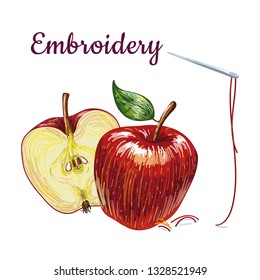 Vector clipart isolated Apple with imitation embroidery and with a picture of a thread in a needle