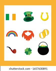 Vector clipart isolated trendy flat set collection on white. Saint Patricks Day. Leprechaun hat, gold, cauldron, lucky clover, shoe, pipe, irish flag. They can be used in the leaflet, banners, ads.