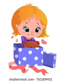 Vector clipart with little girl which opening git with bear