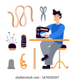 Vector clip-art man seamstress tailor sews on an electric sewing machine. Flat illustration hand drawn on a white background. Business, atelier sewing, dressmaking and sewing threads. Young brunette