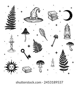 
Vector clipart with mystical illustrations of a witch's hat, candles, books, keys, mushrooms, and ferns in a tattoo style. Can be used for printing on fabric, paper, cards, etc.