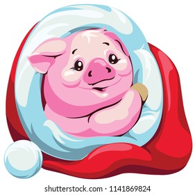 vector clipart new year pig icon in Christmas cap