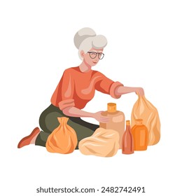 Vector clipart of old woman sorting plastic garbage isolated from background. Useful habits for older people. Ecological pensioner lifestyle. Flat illustration on the theme of zero waste and recycle.